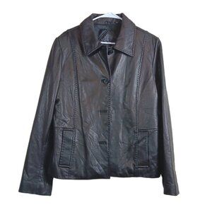 Tiboa Leathers Blazer Womens Large Black Genuine Leather 4-Button Stitch Jacket